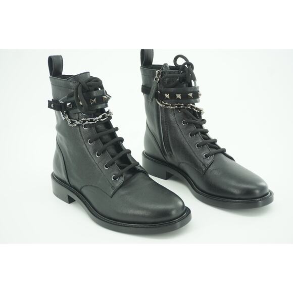 Valentino Rockstud Chain Combat Ankle Boots Size 37 black Leather $1290 - Picture 10 of 12